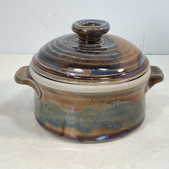Studio Art Pottery Butter Crock Dish Ombré Glaze Small W Lid 4” Signed Colorful - Picture 1 of 10